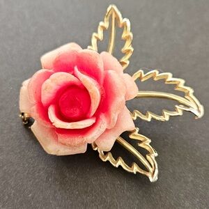 Vintage Pink Rose Brooch with Gold Accents